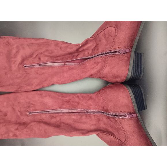 Women’s Burgundy Over-the-Knee Boots Size 8.5 Suede-Look Zip Tie Back Block Heel - Picture 3 of 9